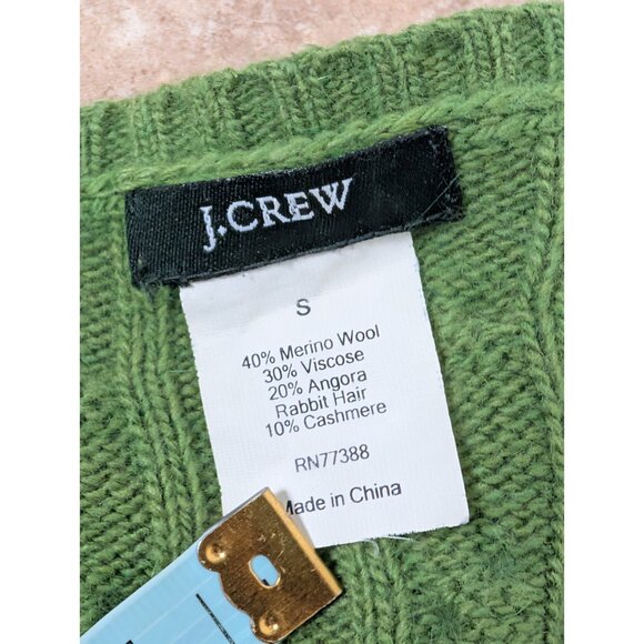Vtg J Crew Green Cable Knit WOOL ANGORA CASHMERE V Neck Sweater Sz S Y2K Preppy - Picture 7 of 7